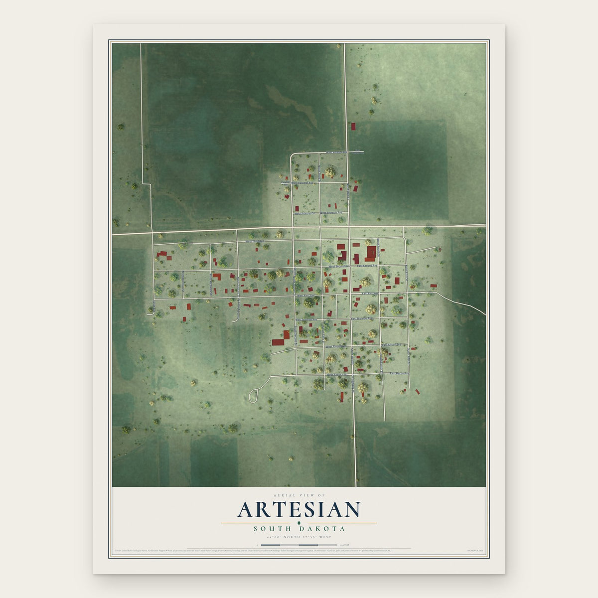 Artesian, South Dakota map print, the full design