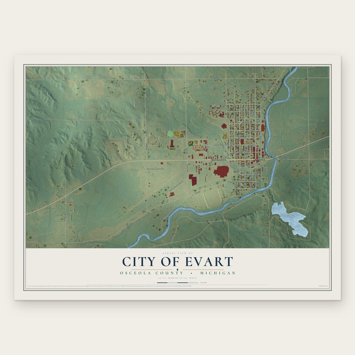 Evart, Michigan map print, the full design