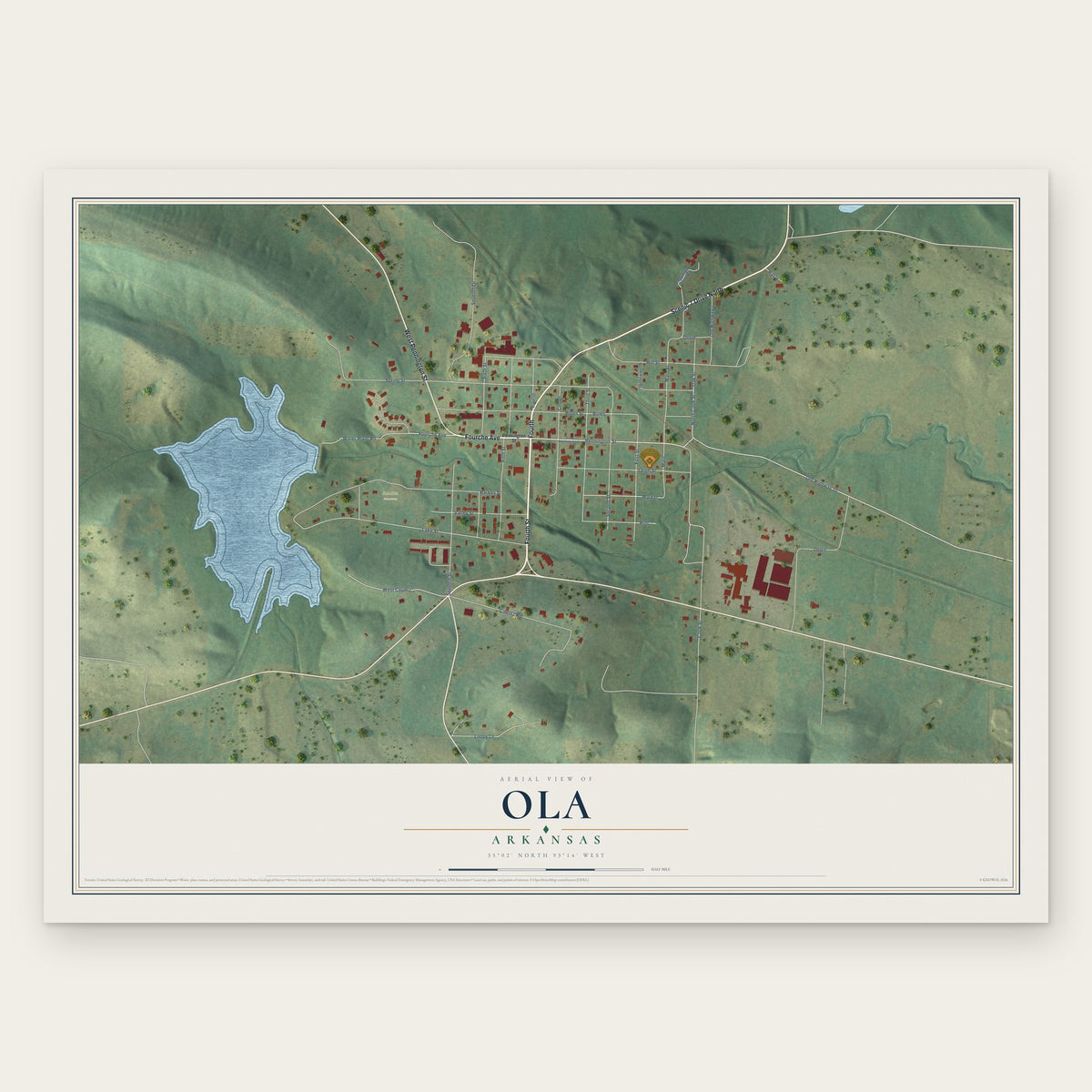 Ola, Arkansas map print, the full design