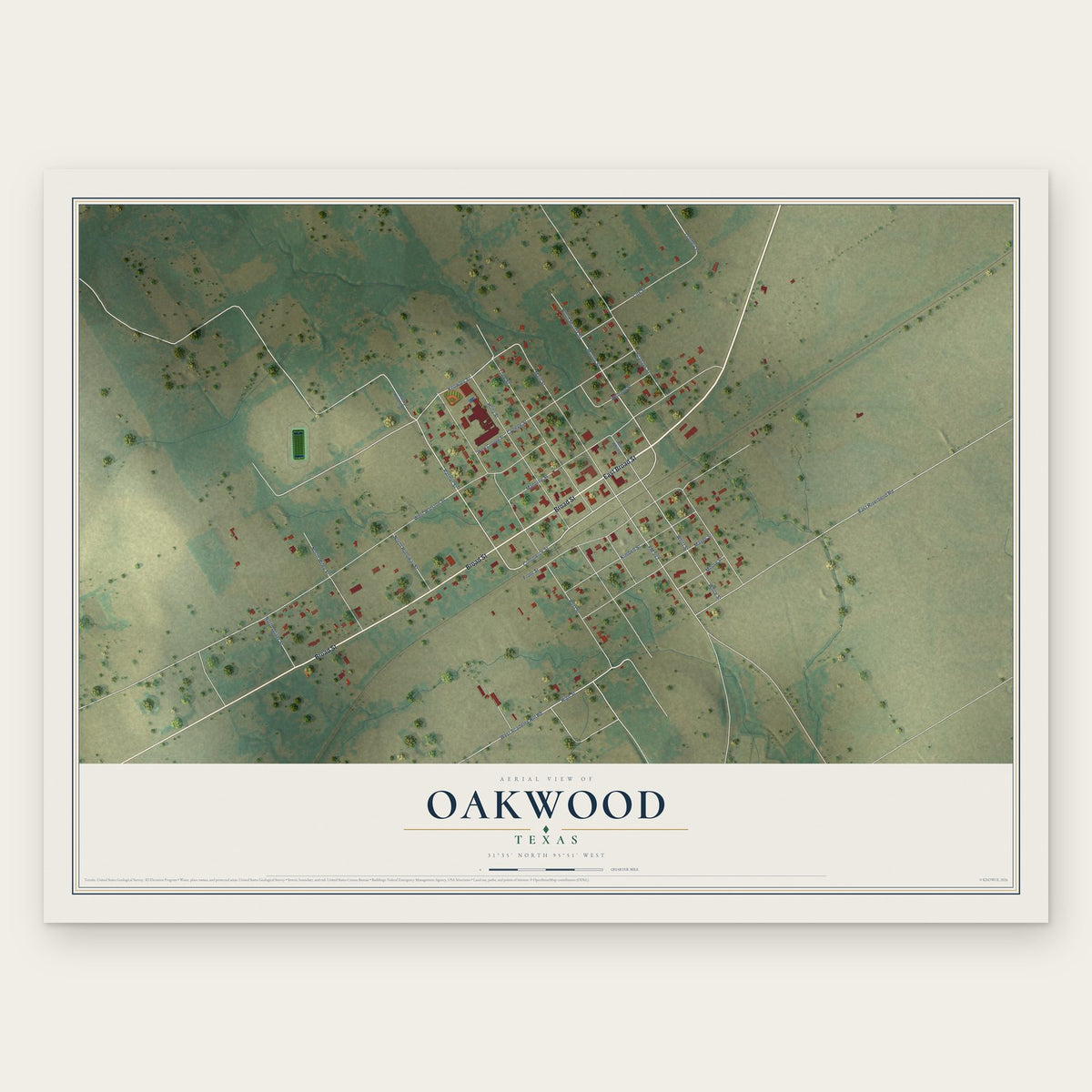 Oakwood, Texas map print, the full design