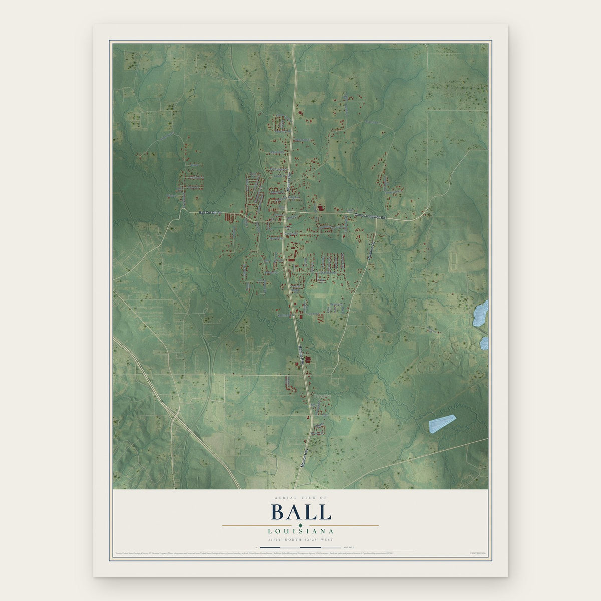 Ball, Louisiana map print, the full design