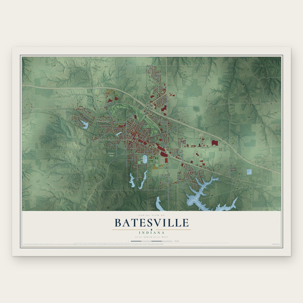 Batesville, Indiana map print, the full design