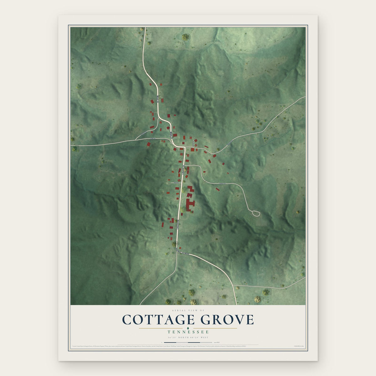 Cottage Grove, Tennessee map print, the full design