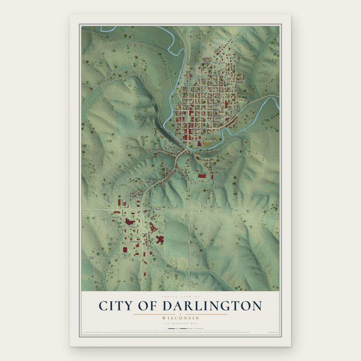 Darlington, Wisconsin map print, the full design