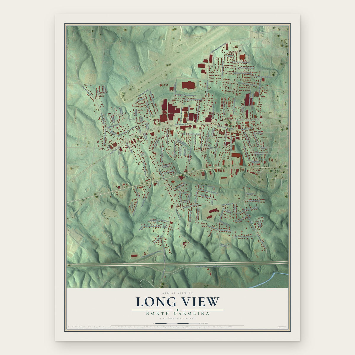 Long View, North Carolina map print, the full design