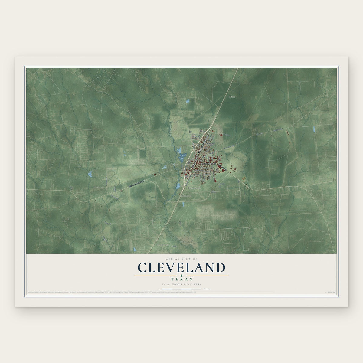 Cleveland, Texas map print, the full design