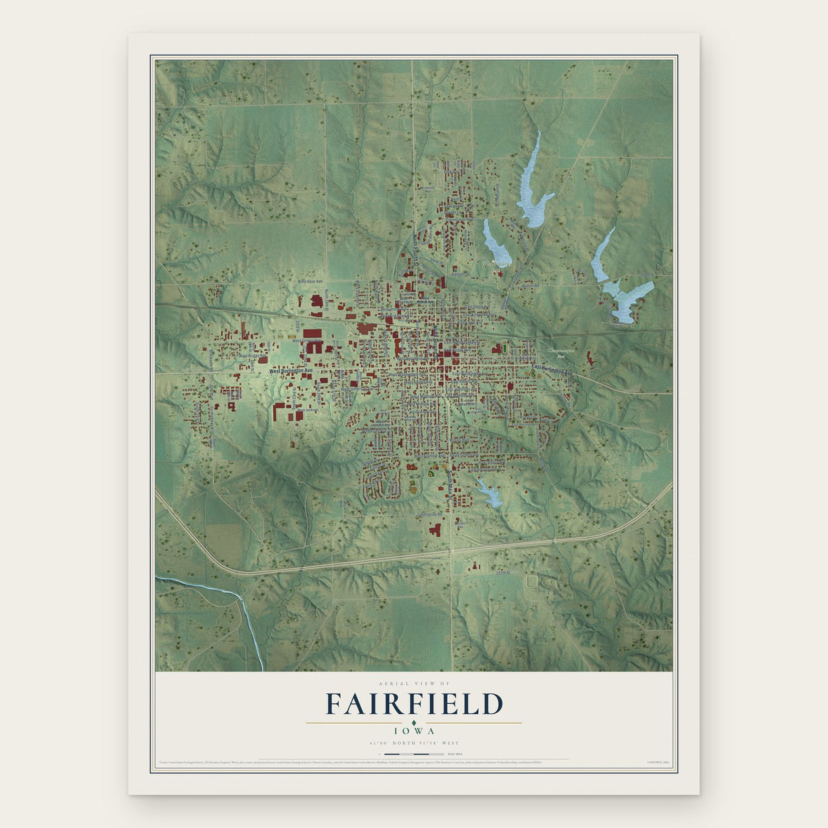 Fairfield, Iowa map print, the full design