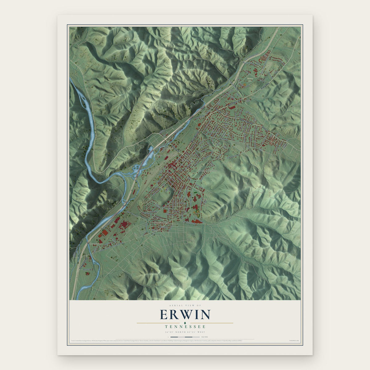 Erwin, Tennessee map print, the full design