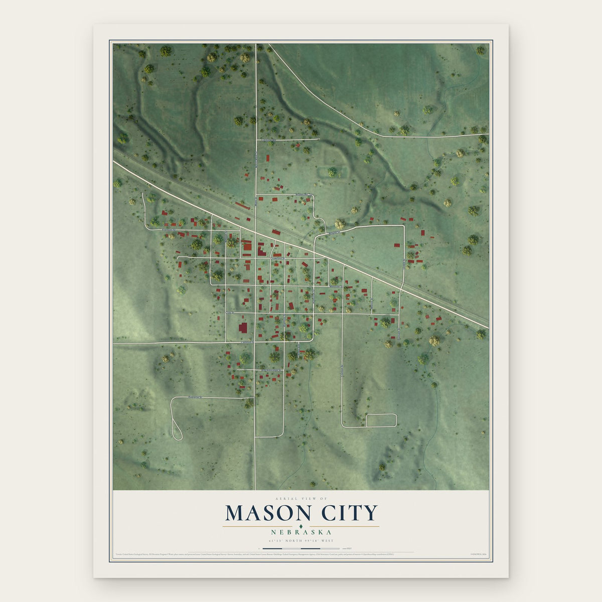Mason City, Nebraska map print, the full design