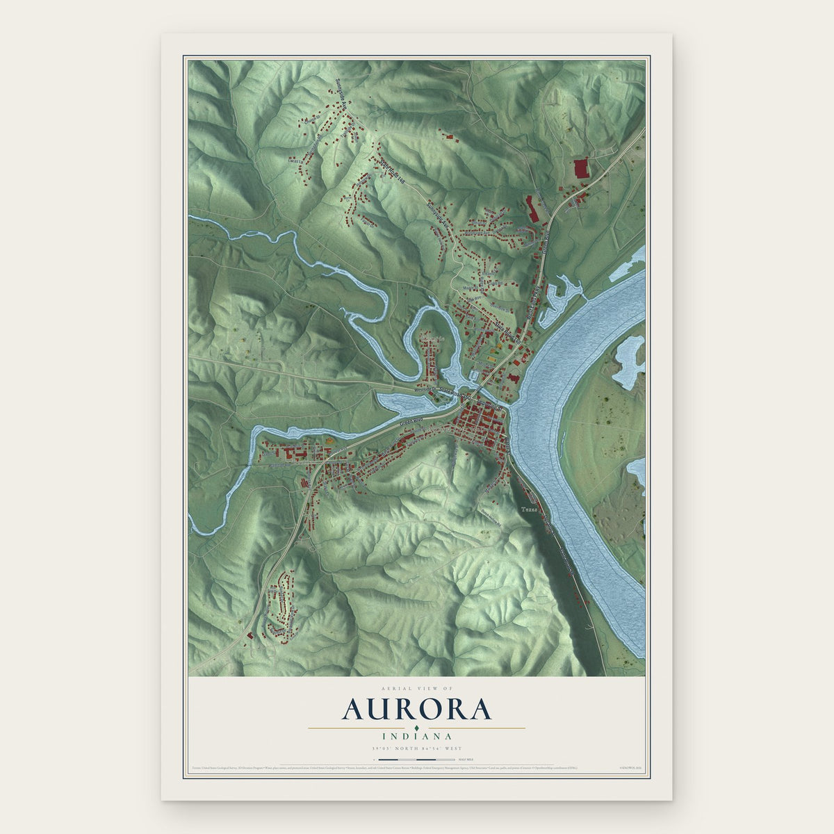 Aurora, Indiana map print, the full design