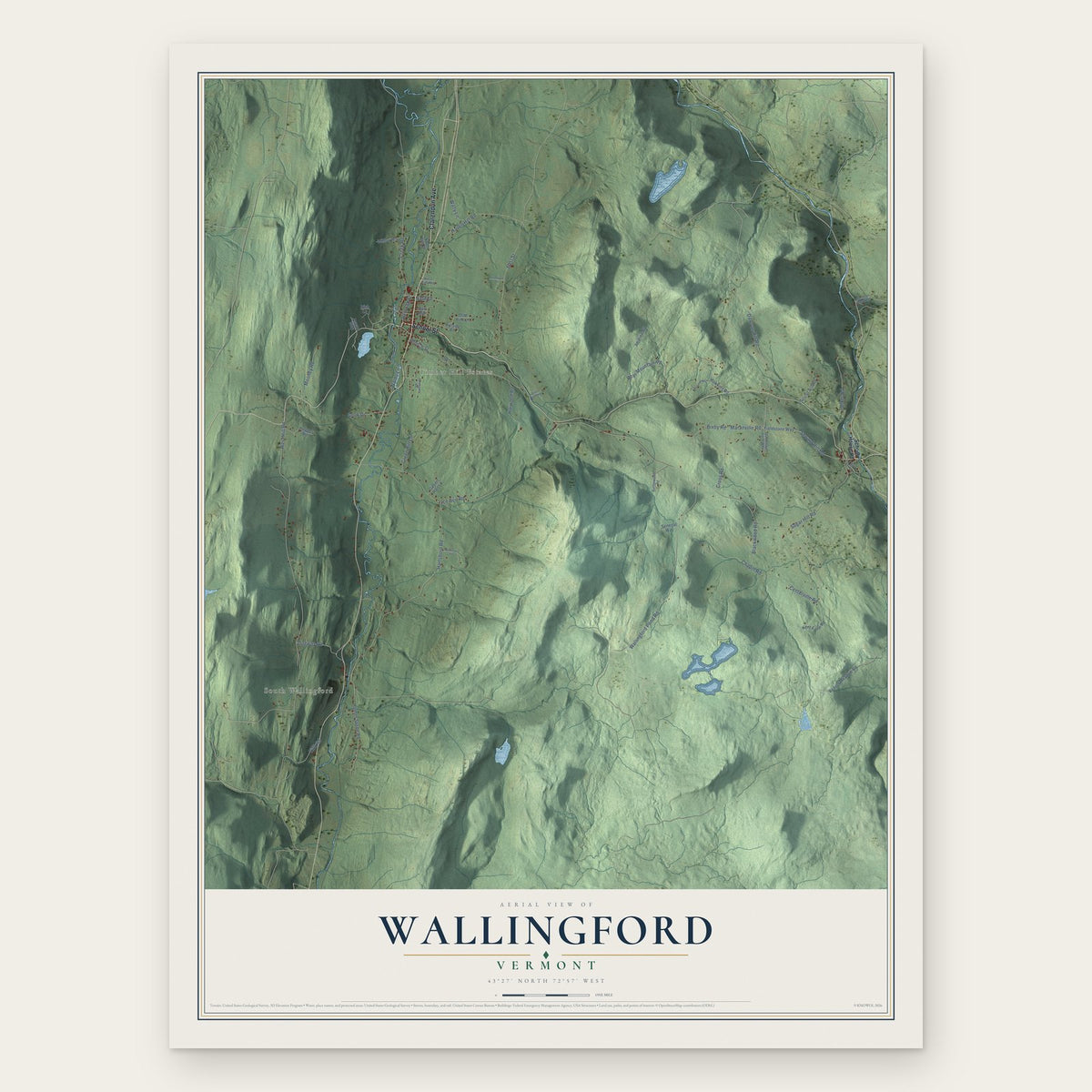 Wallingford, Vermont map print, the full design
