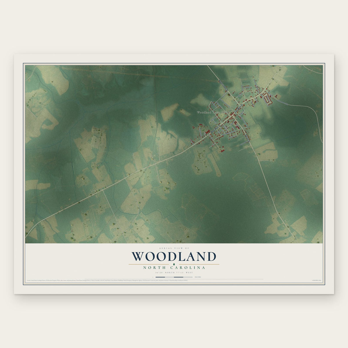 Woodland, North Carolina map print, the full design