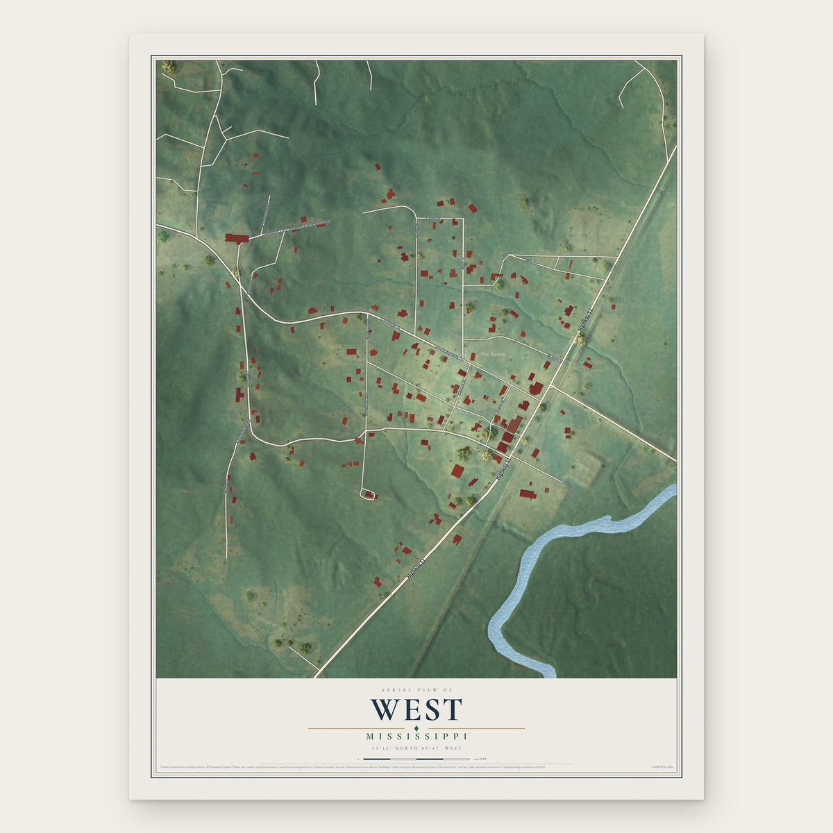 West, Mississippi map print, the full design