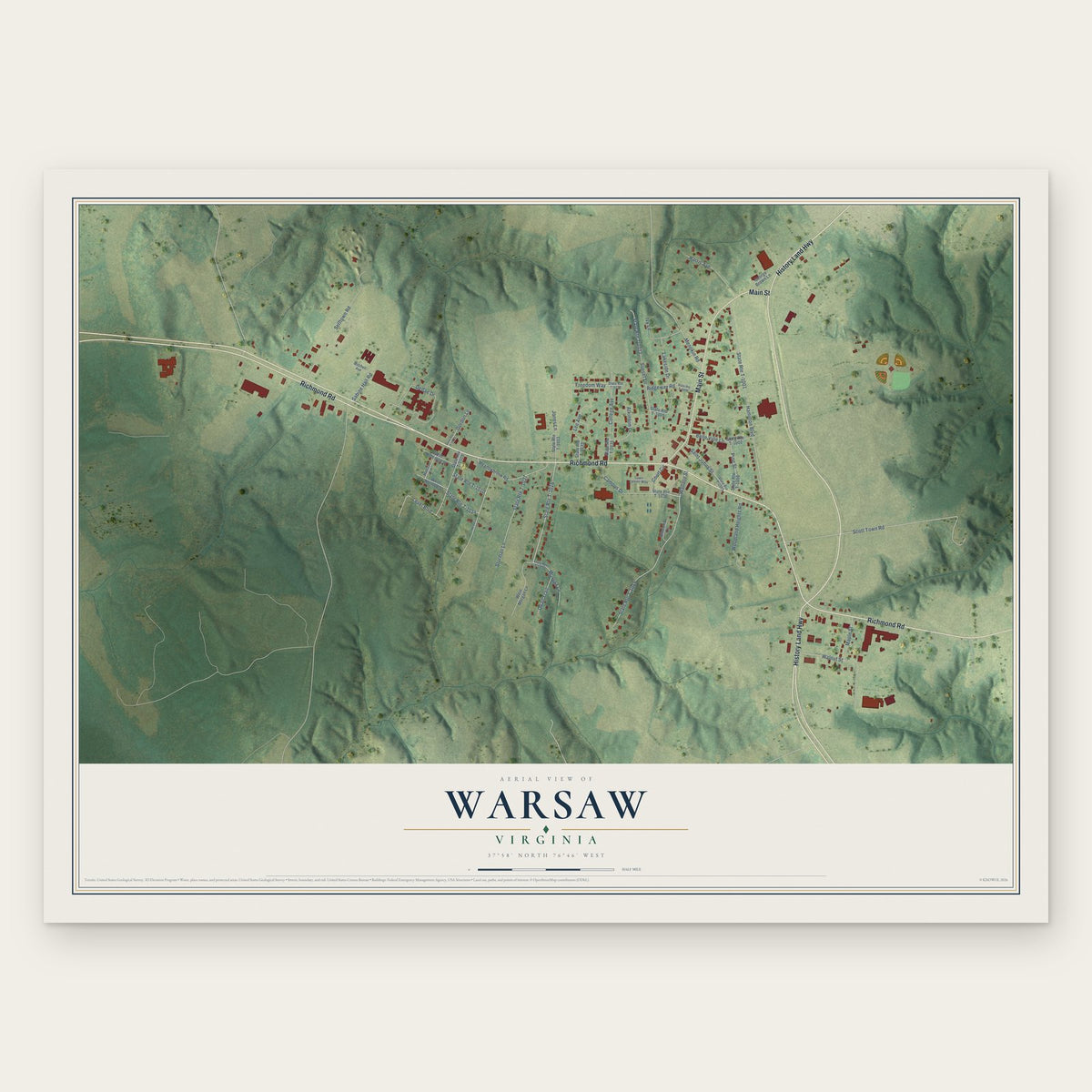 Warsaw, Virginia map print, the full design