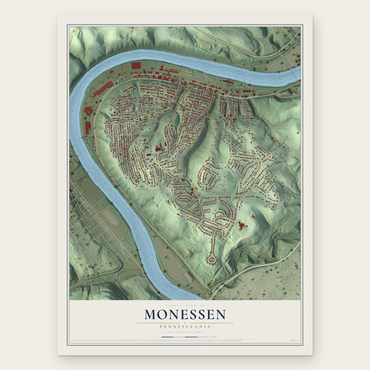 Monessen, Pennsylvania map print, the full design
