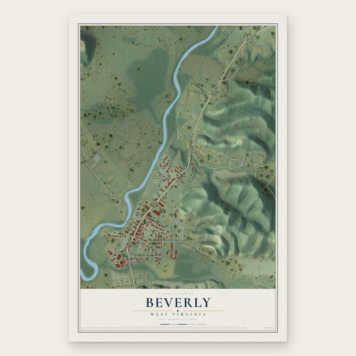 Beverly, West Virginia map print, the full design