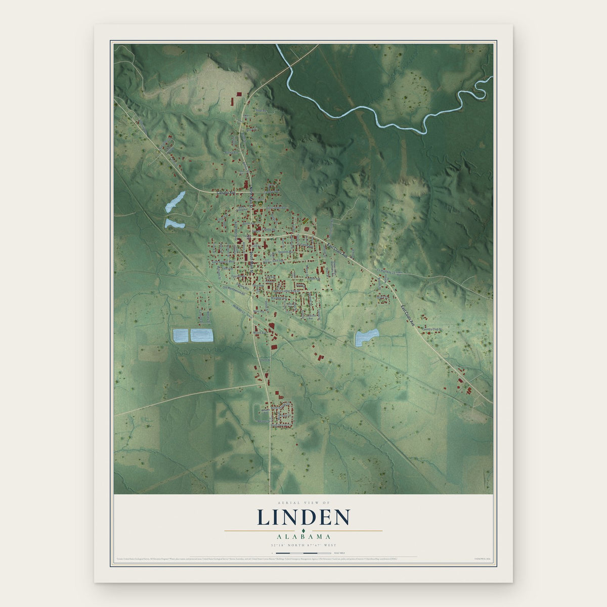 Linden, Alabama map print, the full design