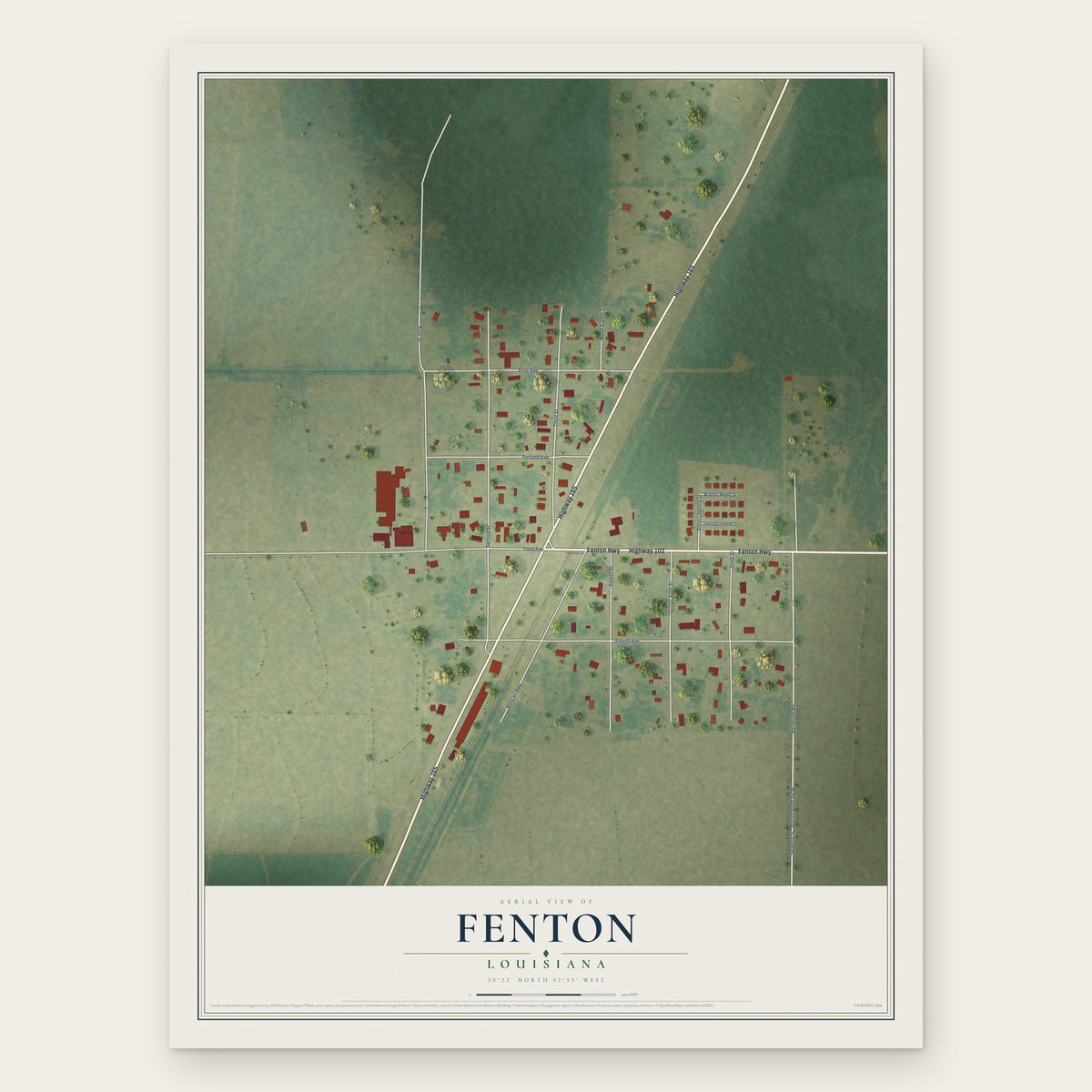 Fenton, Louisiana map print, the full design
