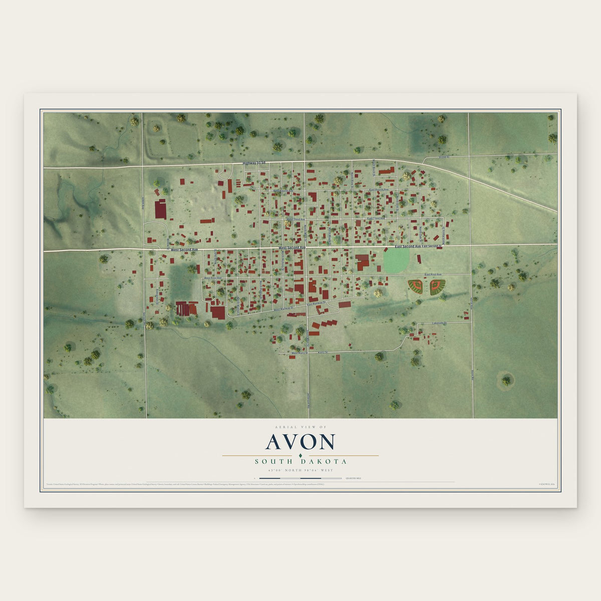 Avon, South Dakota map print, the full design