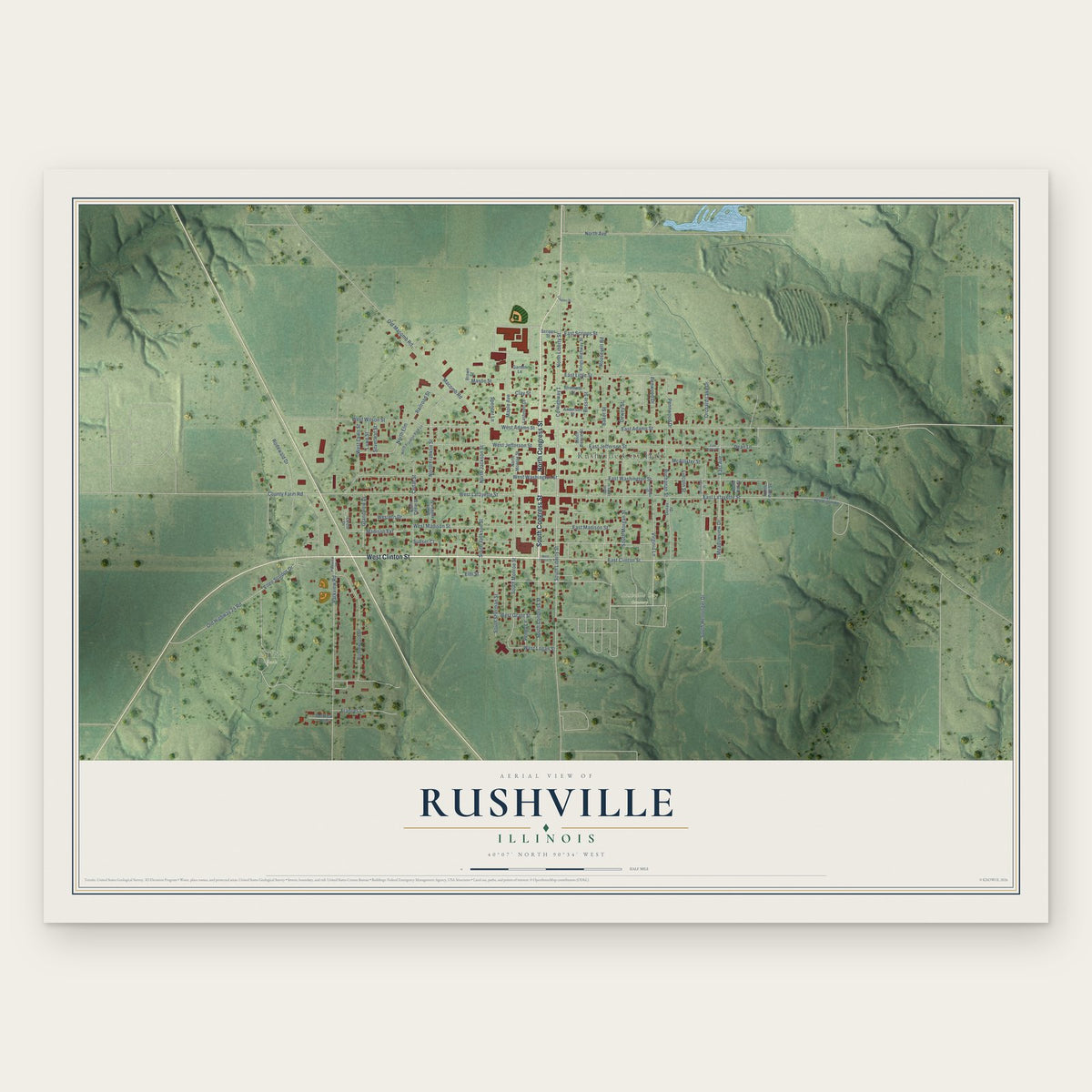 Rushville, Illinois map print, the full design