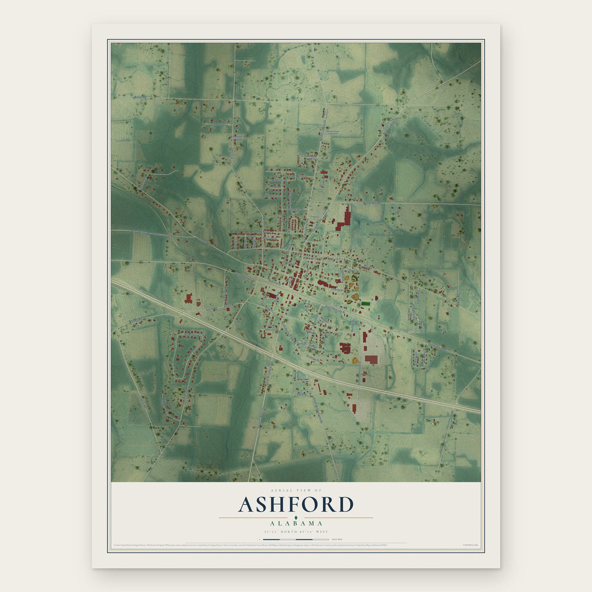 Ashford, Alabama map print, the full design