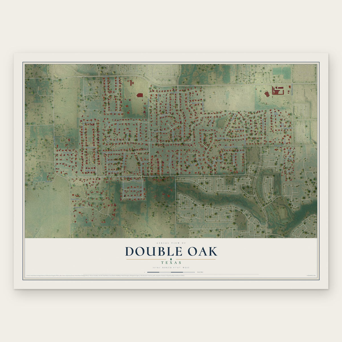 Double Oak, Texas map print, the full design