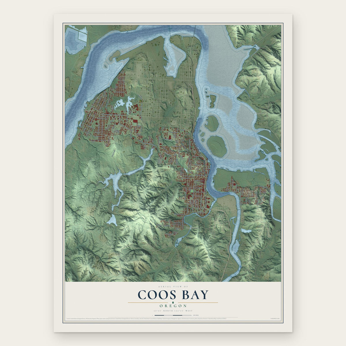 Coos Bay, Oregon map print, the full design