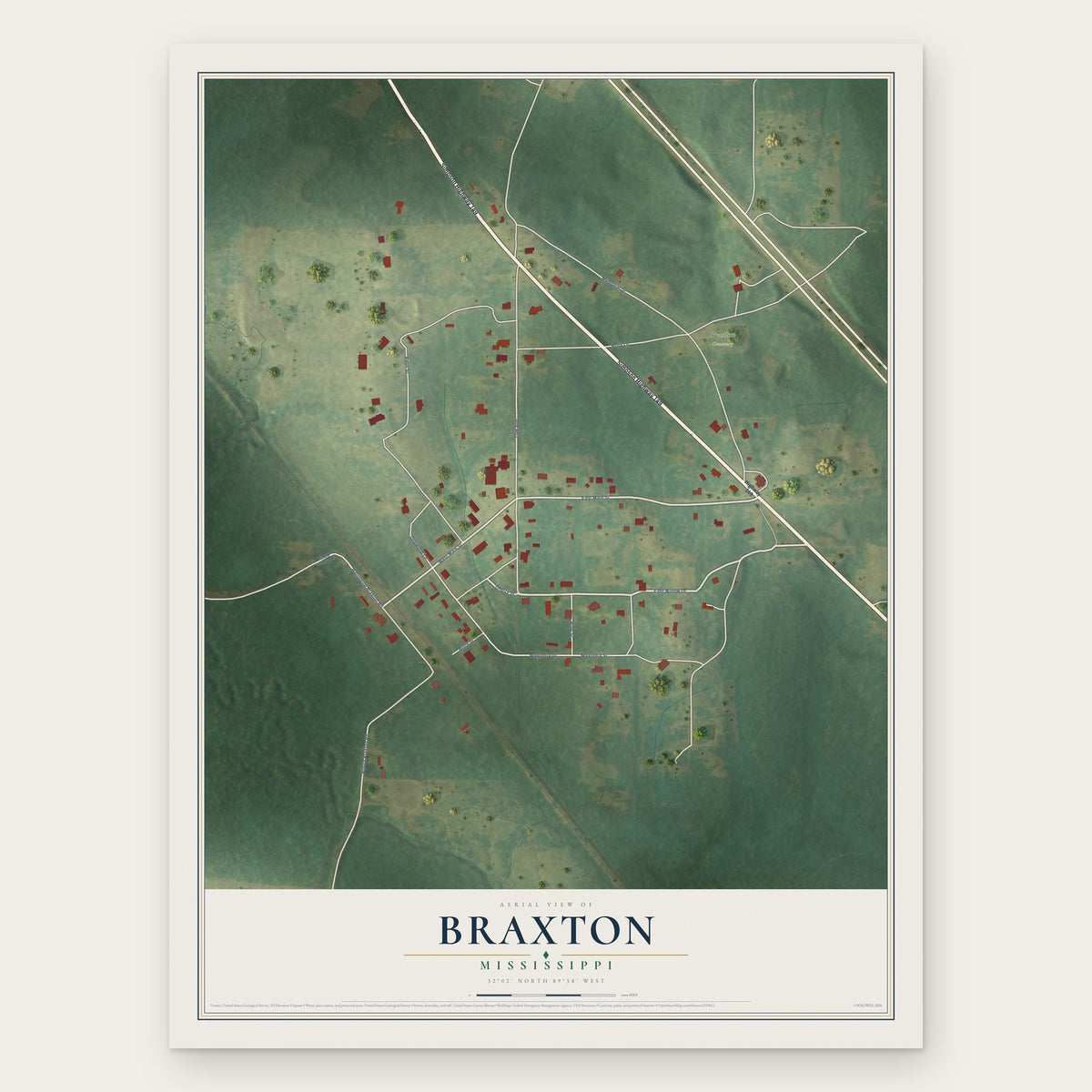 Braxton, Mississippi map print, the full design