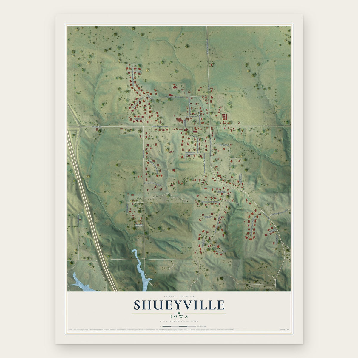 Shueyville, Iowa map print, the full design