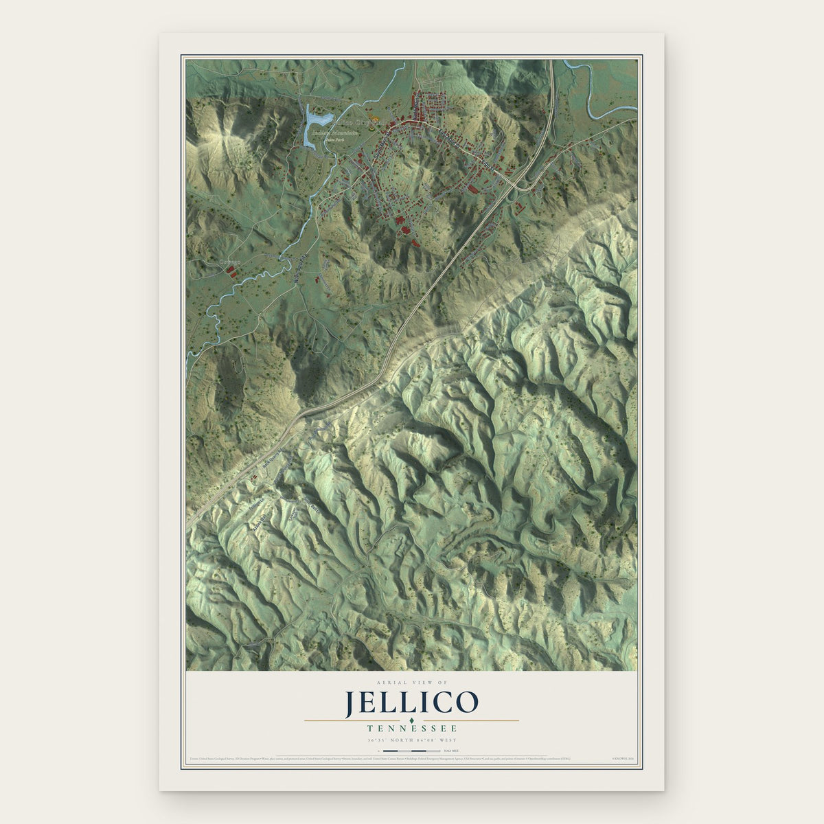 Jellico, Tennessee map print, the full design