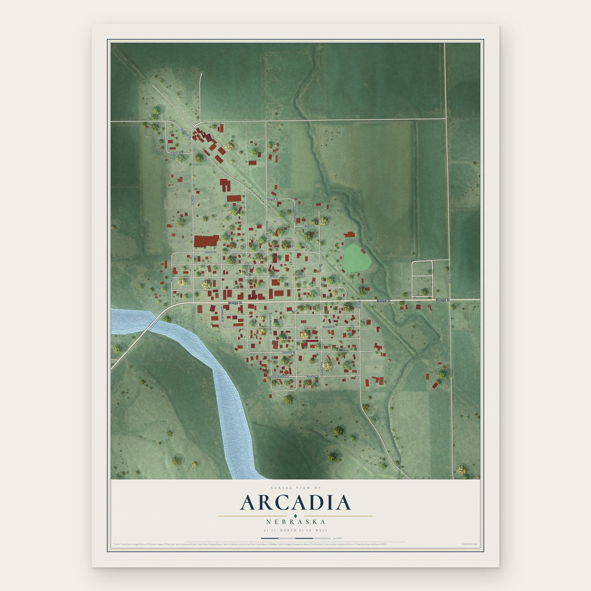 Arcadia, Nebraska map print, the full design
