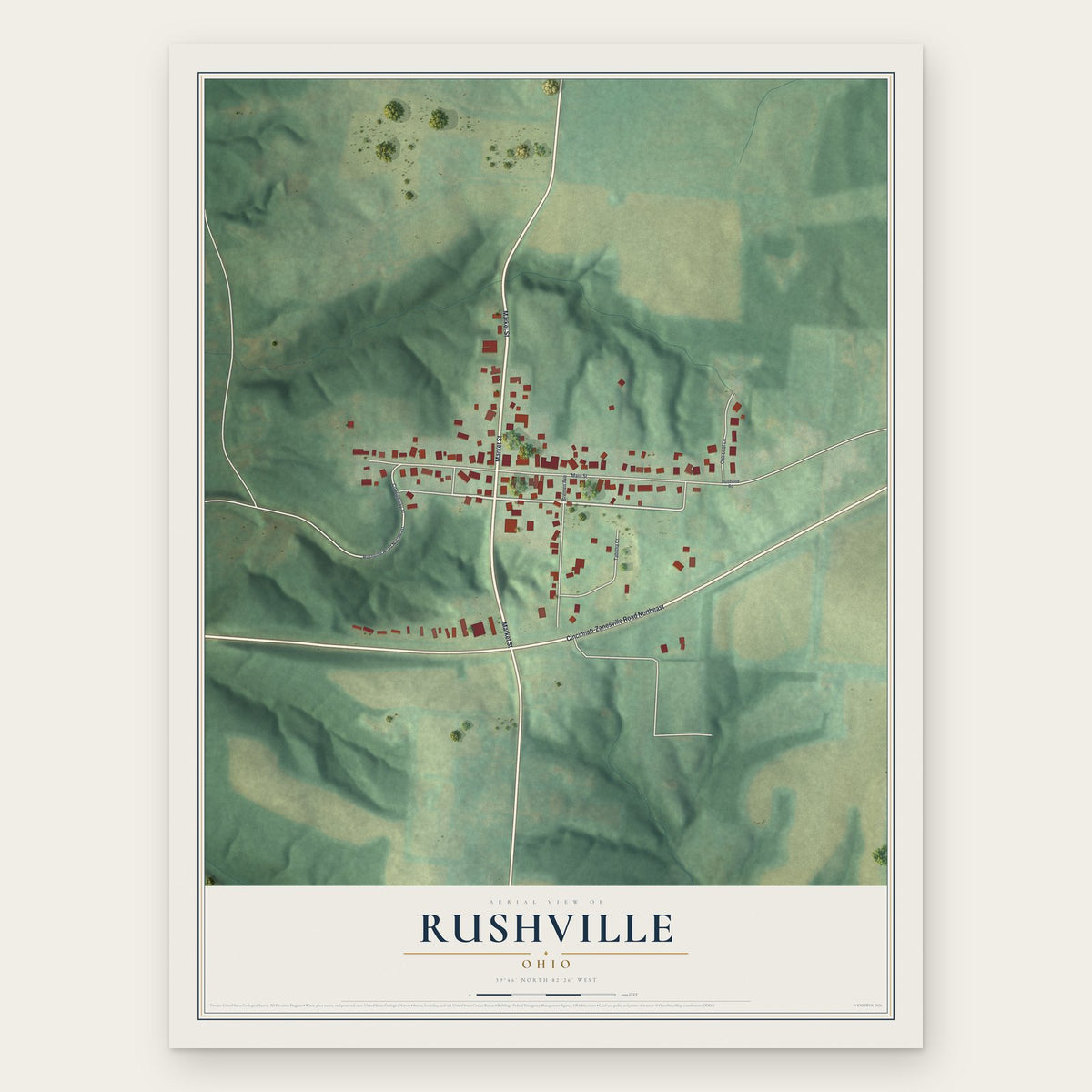 Rushville, Ohio map print, the full design