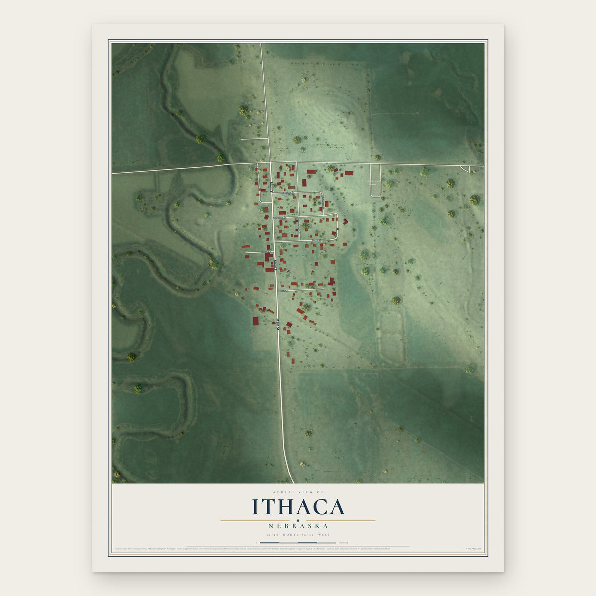 Ithaca, Nebraska map print, the full design