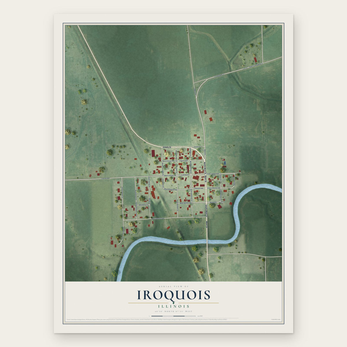 Iroquois, Illinois map print, the full design