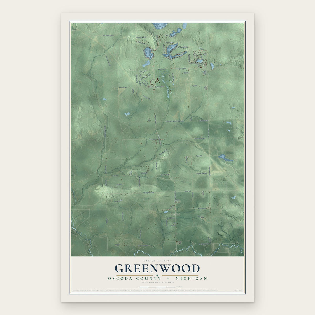 Greenwood, Oscoda County, Michigan map print, the full design
