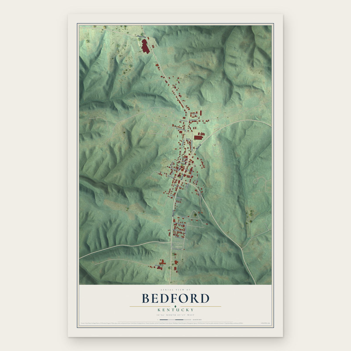 Bedford, Kentucky map print, the full design