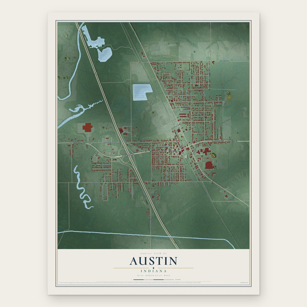 Austin, Indiana map print, the full design