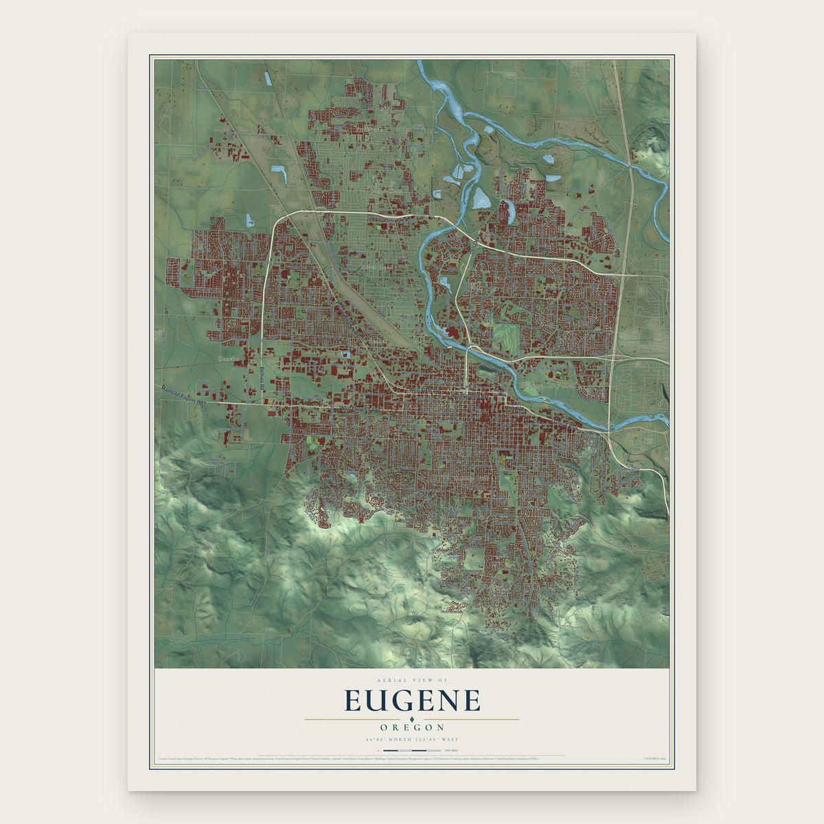 Eugene, Oregon map print, the full design