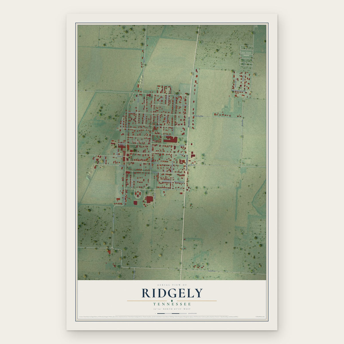 Ridgely, Tennessee map print, the full design