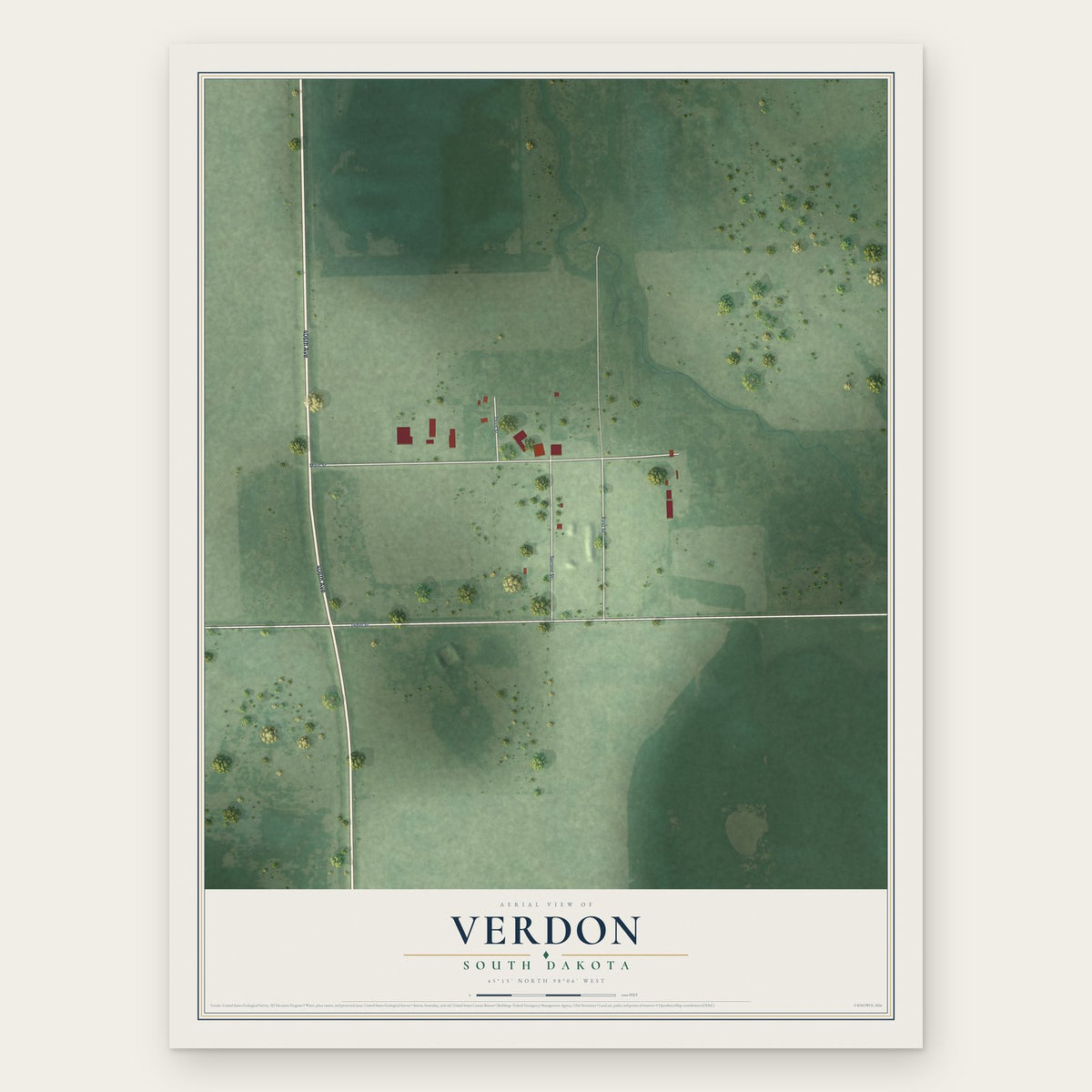 Verdon, South Dakota map print, the full design