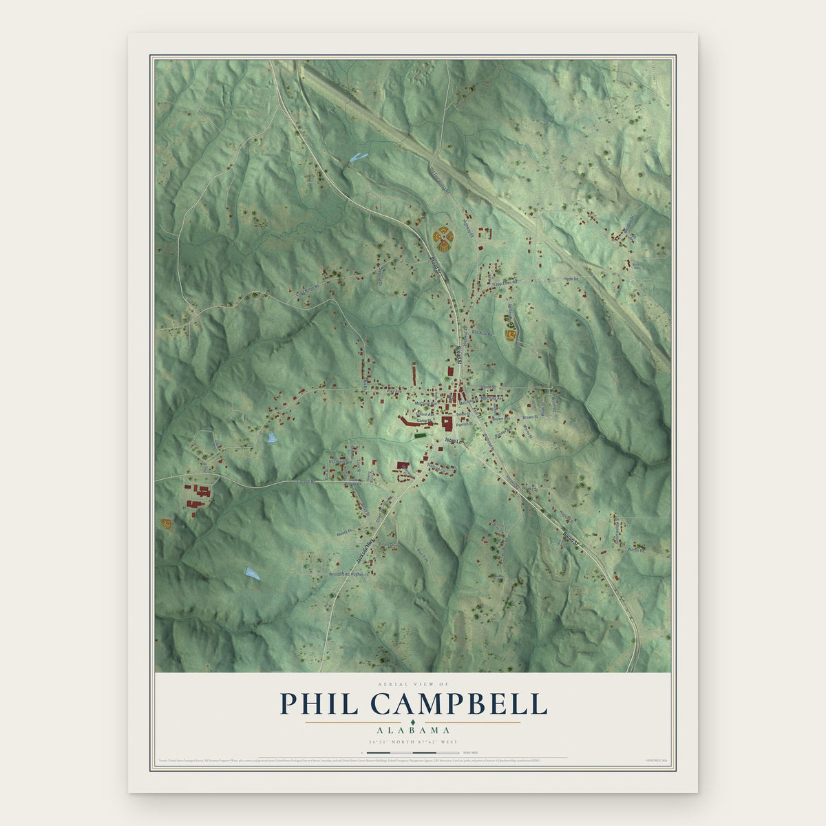 Phil Campbell, Alabama map print, the full design