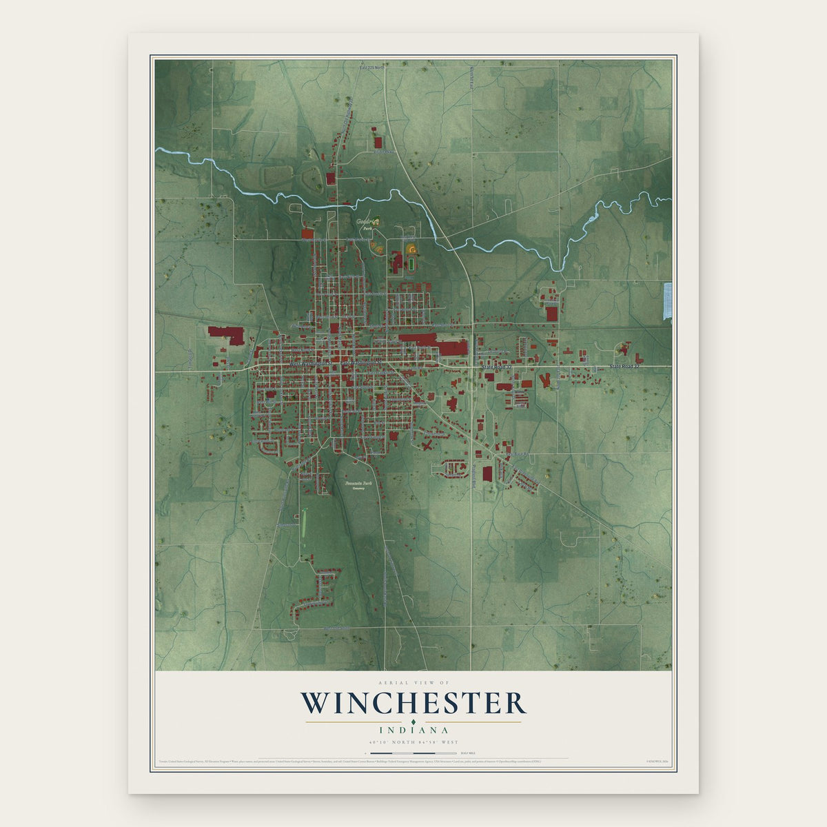 Winchester, Indiana map print, the full design