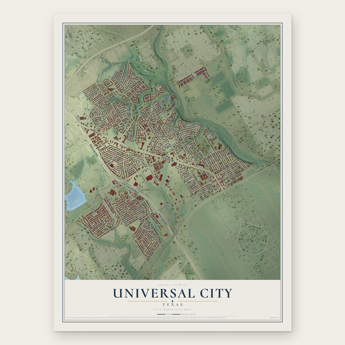 Universal City, Texas map print, the full design