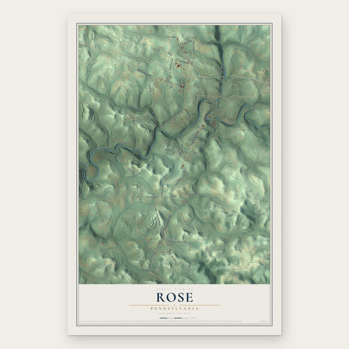 Rose, Pennsylvania map print, the full design
