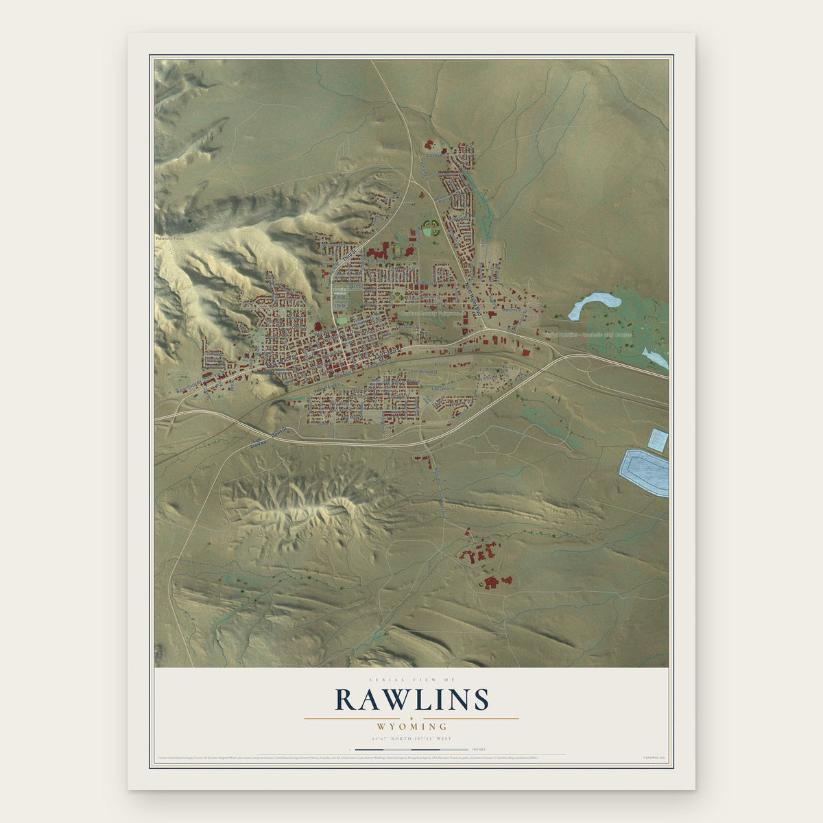 Rawlins, Wyoming map print, the full design