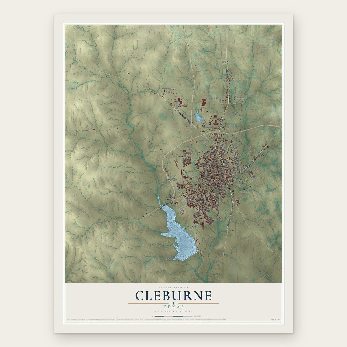 Cleburne, Texas map print, the full design