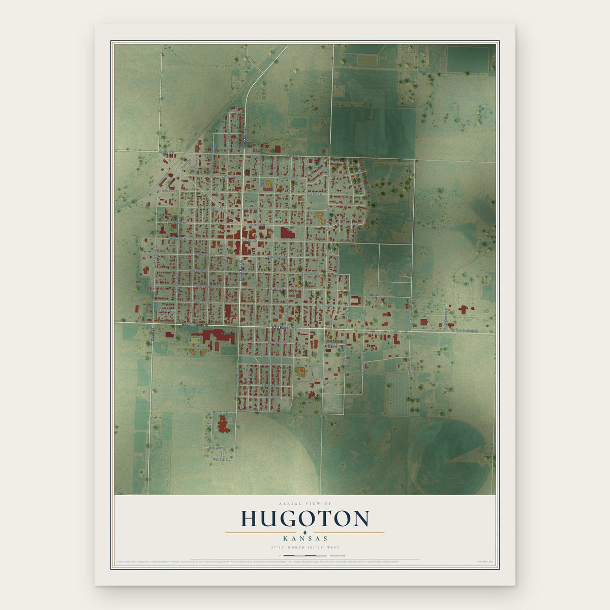 Hugoton, Kansas map print, the full design