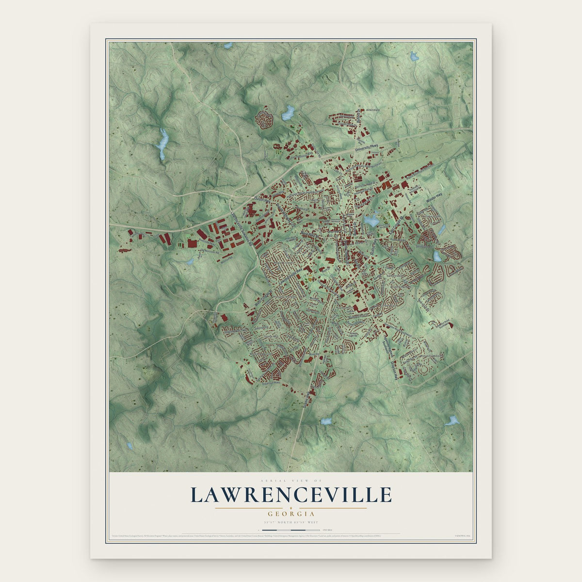 Lawrenceville, Georgia map print, the full design