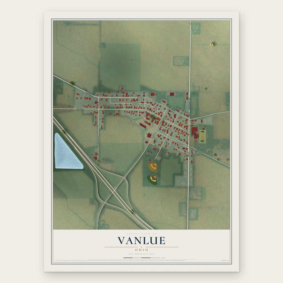 Vanlue, Ohio map print, the full design