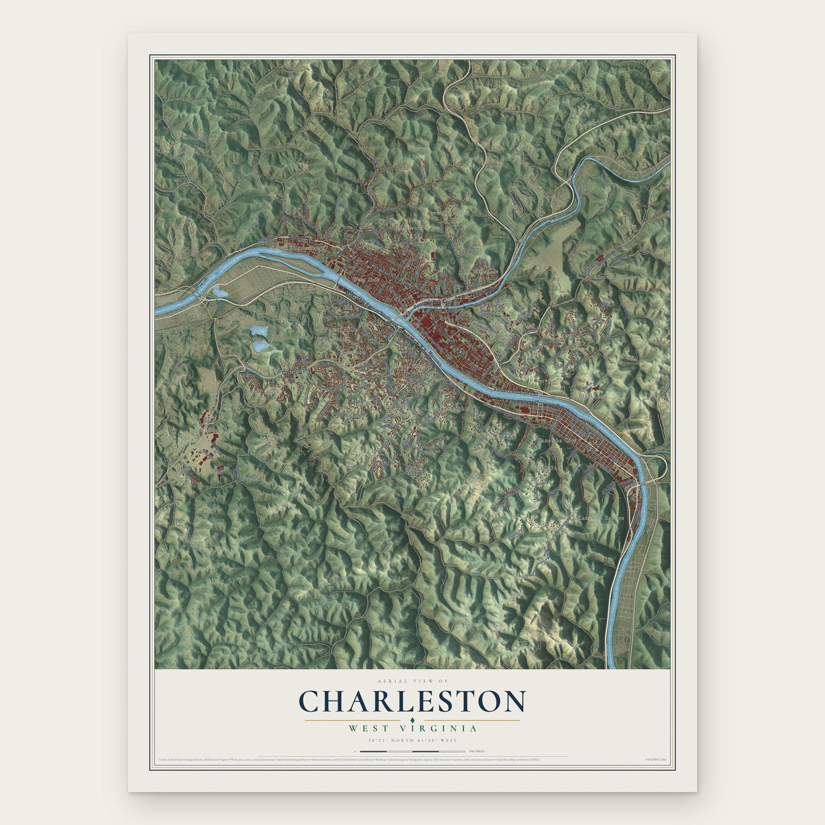 Charleston, West Virginia map print, the full design